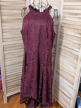 DressyStar Halter Floral Lace Cocktail Party Dress Hi-Lo Size 4XL Burgundy